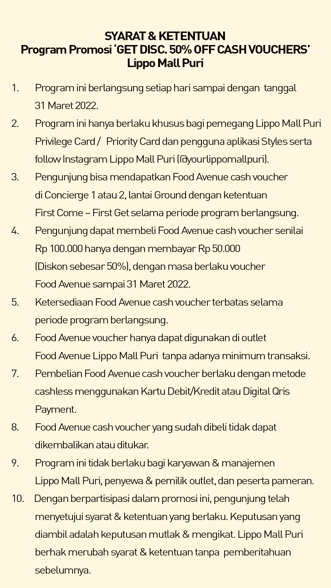 cash voucher food avenue Terms & Conditions in lippo mall puri st. moritz