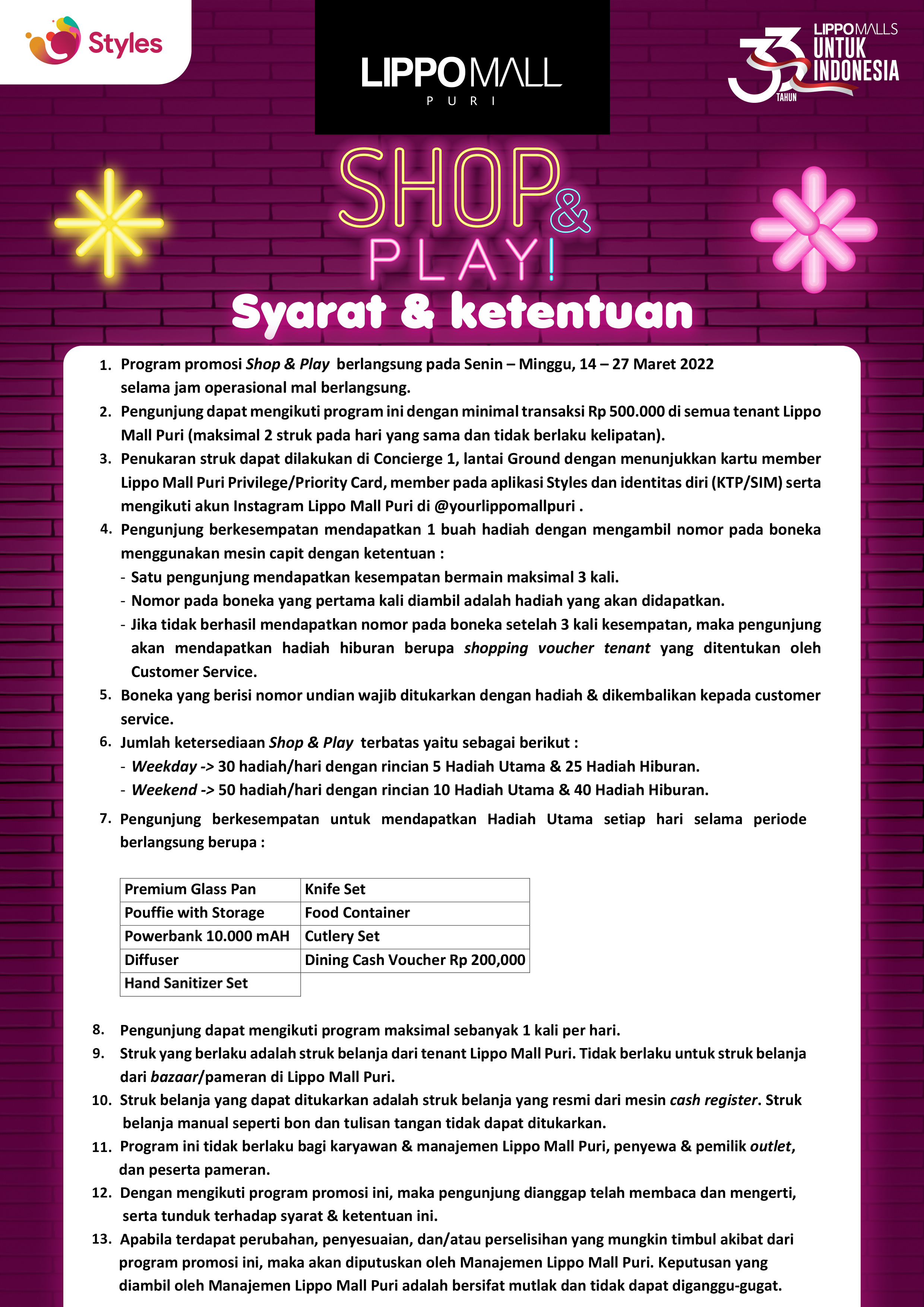 Shop & Play Terms & Conditions in lippo mall puri st. moritz